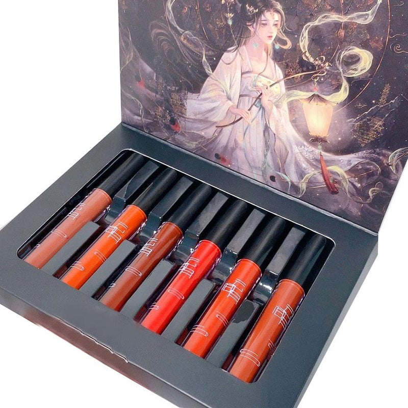 Six-piece set of antique-style lip glosses, long-lasting matte velvet lipsticks, suitable for students with bare skin, brightens the complexion.
